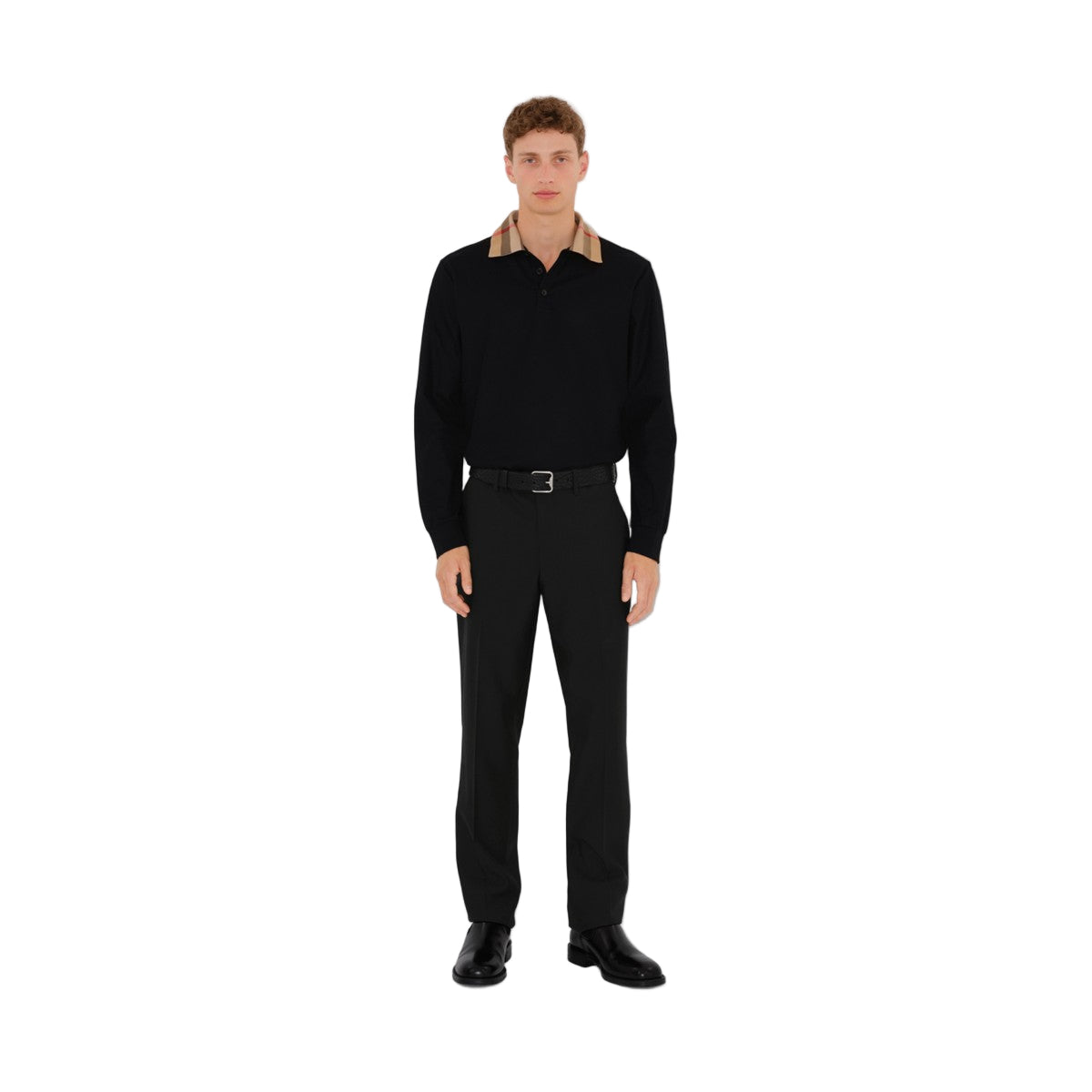 Burberry Men's Long-sleeve Check Collar Cotton Polo Shirt in black