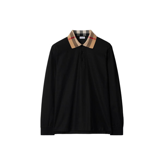 Burberry Men's Long-sleeve Check Collar Cotton Polo Shirt in black